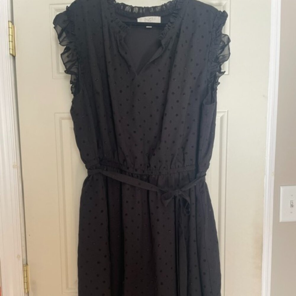 Loft Plus Size Black Swiss Dot Dress with Waist Tie